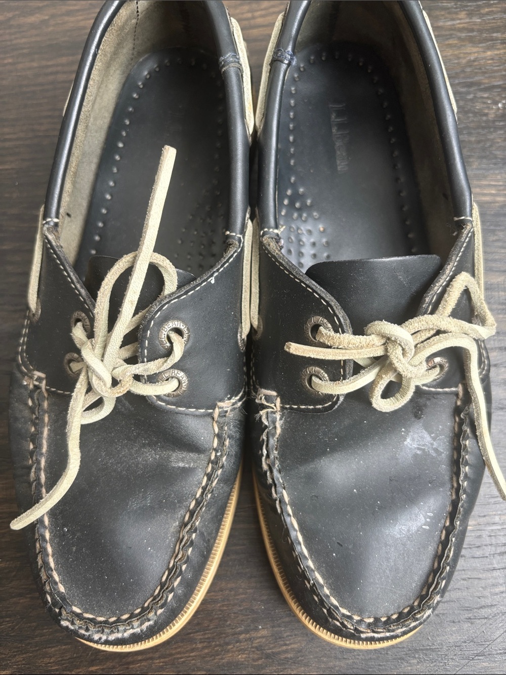 LL Bean navy boat shoes, leather, slip on, size 8